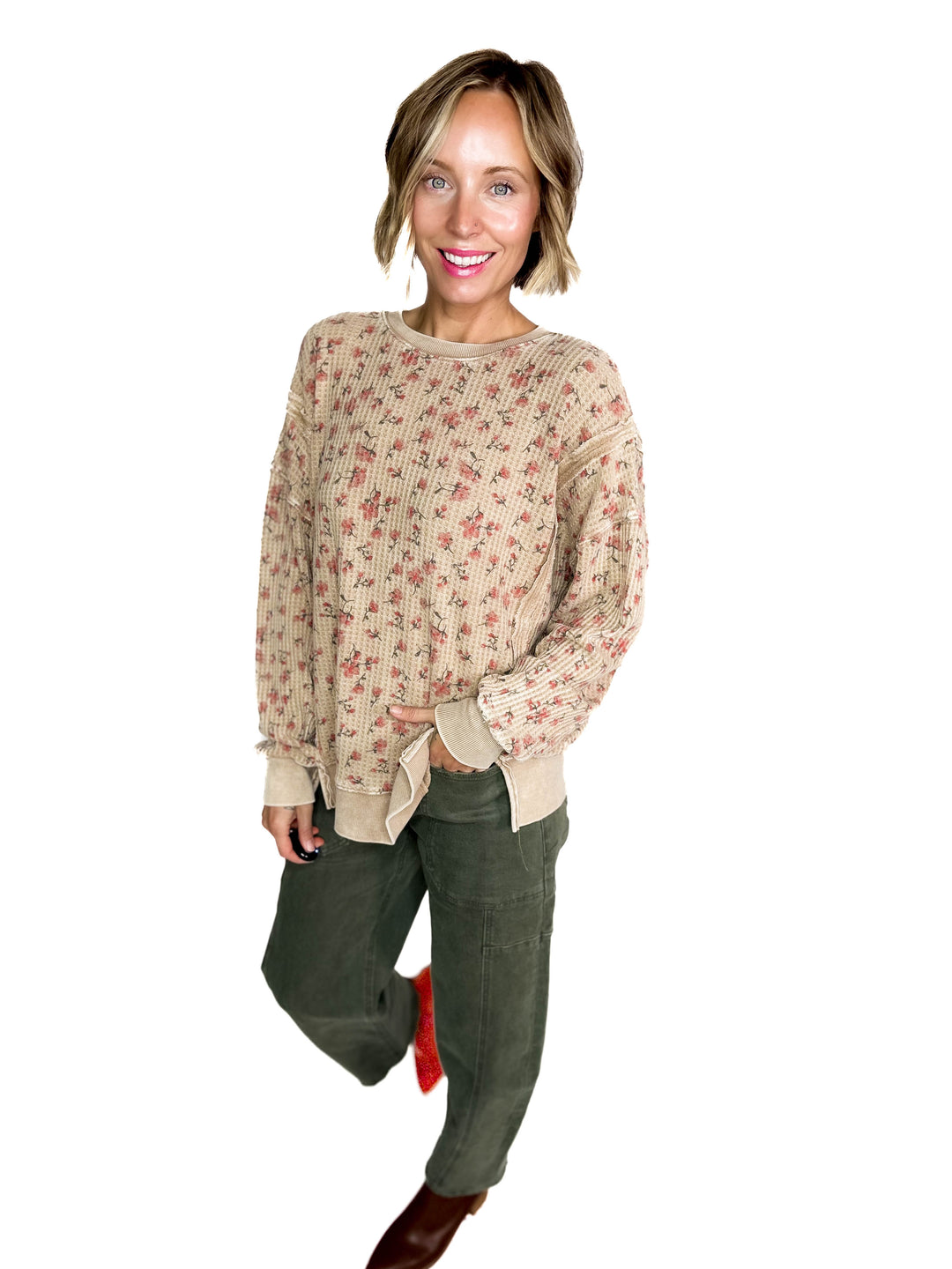 Inka Thermal Vintage Floral Pullover- ALMOND