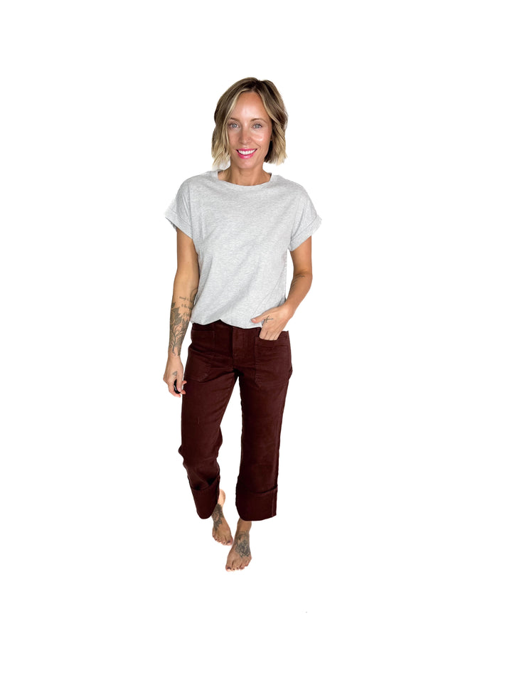 Edna Cotton Folded Sleeve T-Shirt- HEATHER GREY
