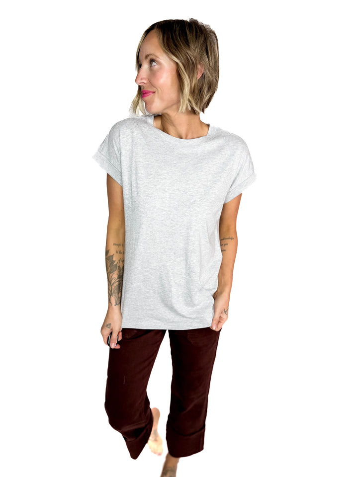 Edna Cotton Folded Sleeve T-Shirt- HEATHER GREY
