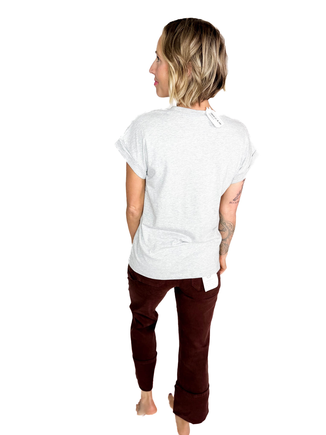 Edna Cotton Folded Sleeve T-Shirt- HEATHER GREY