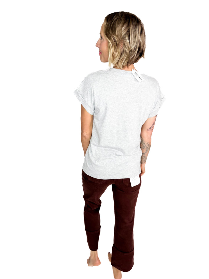 Edna Cotton Folded Sleeve T-Shirt- HEATHER GREY