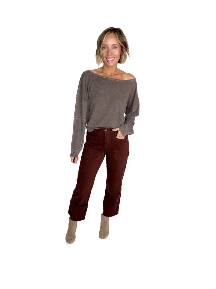MONO B Aris Waffle Boat Neck Pullover- ESPRESSO