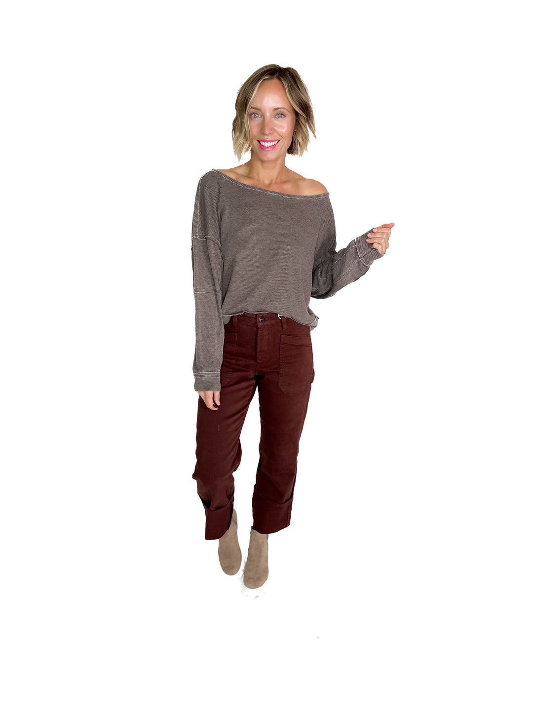 MONO B Aris Waffle Boat Neck Pullover- ESPRESSO