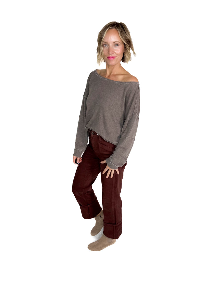 MONO B Aris Waffle Boat Neck Pullover- ESPRESSO