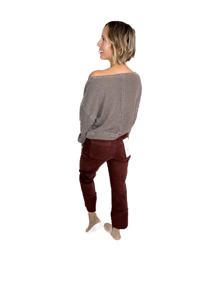 MONO B Aris Waffle Boat Neck Pullover- ESPRESSO