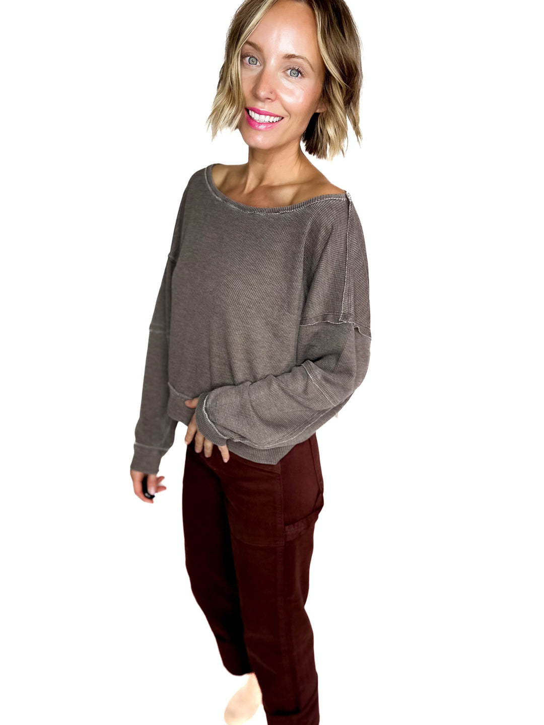 MONO B Aris Waffle Boat Neck Pullover- ESPRESSO