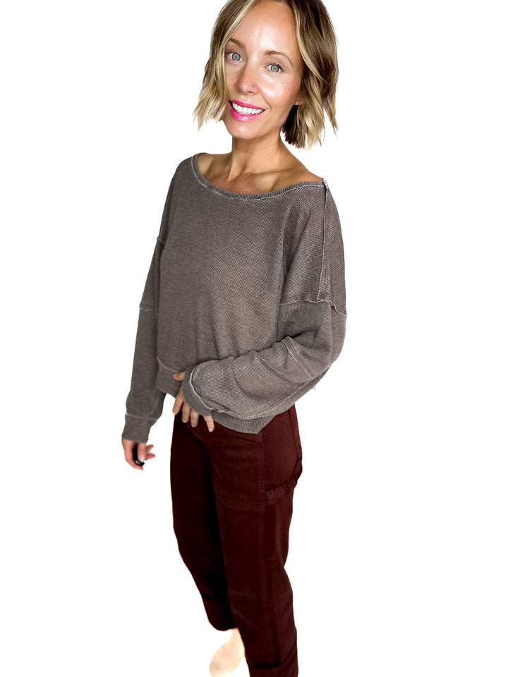 MONO B Aris Waffle Boat Neck Pullover- ESPRESSO