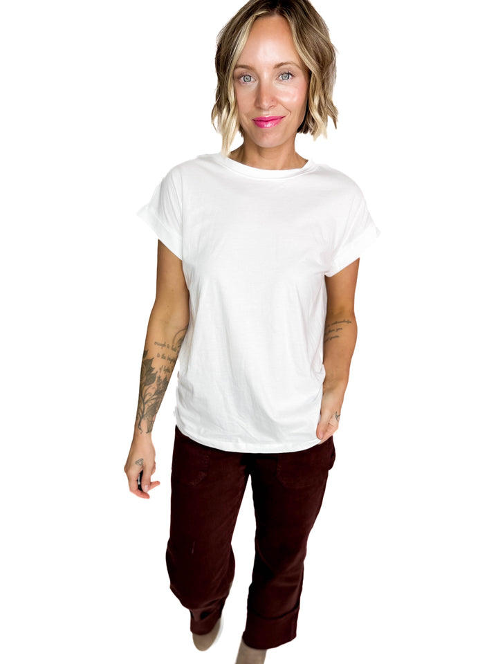 Edna Cotton Folded Sleeve T-Shirt- WHITE