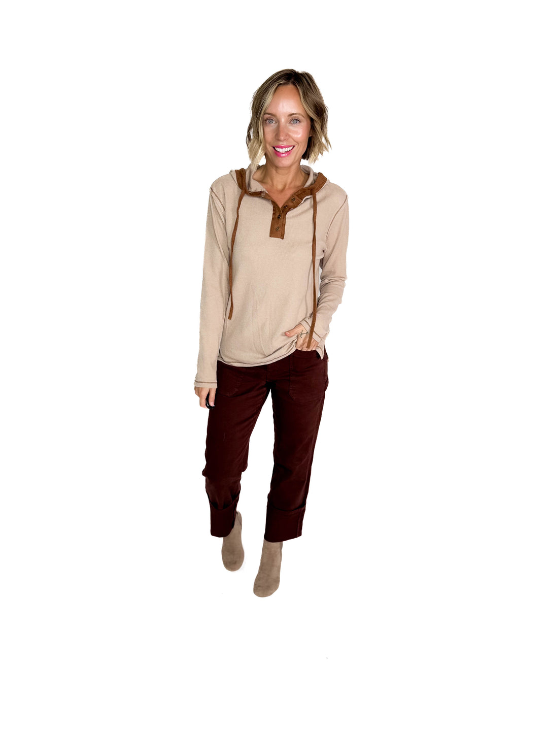 Gina Thermal Button Henley Hoodie- CAMEL