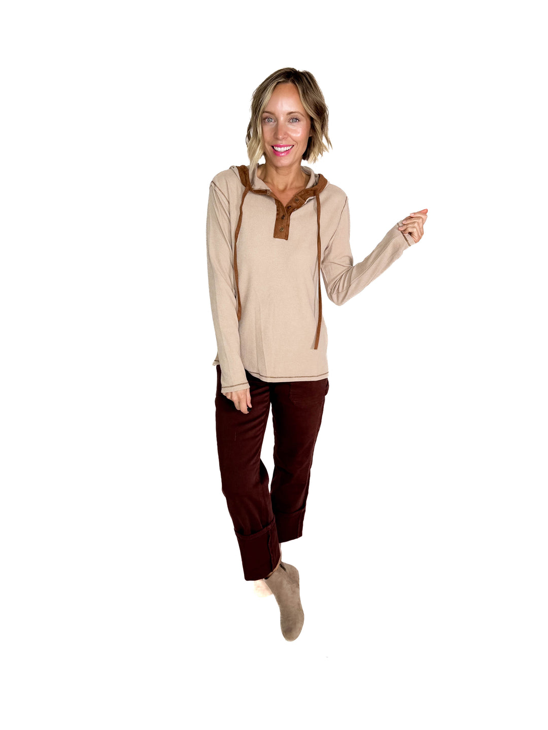 Gina Thermal Button Henley Hoodie- CAMEL