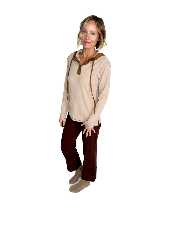 Gina Thermal Button Henley Hoodie- CAMEL