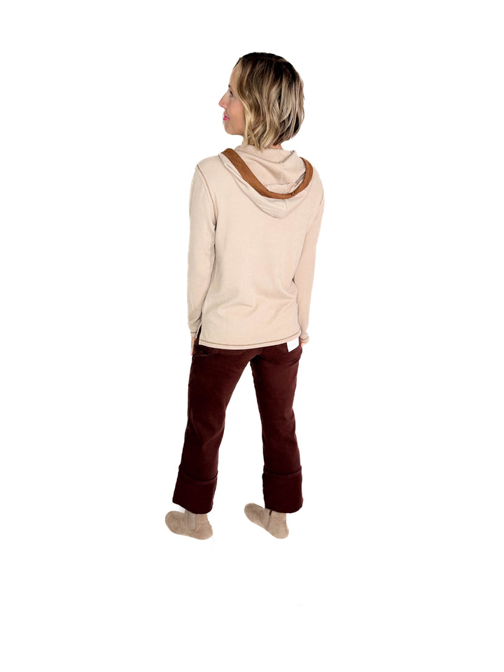Gina Thermal Button Henley Hoodie- CAMEL