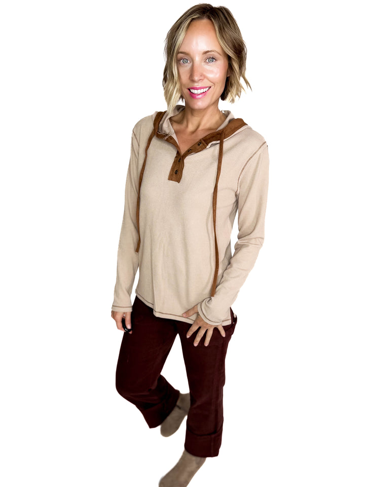 Gina Thermal Button Henley Hoodie- CAMEL