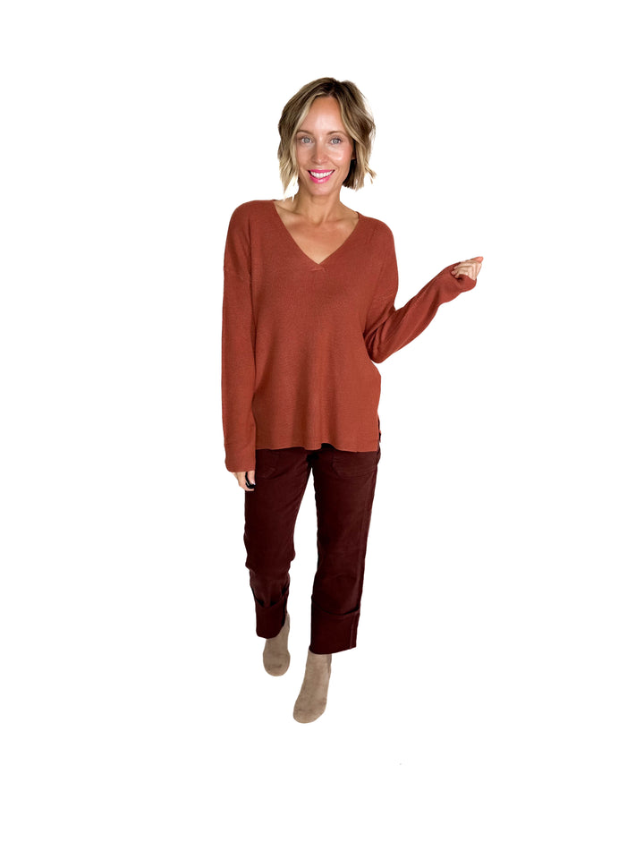 Jillian Knit V-Neck Drop Shoulder Sweater- BRICK
