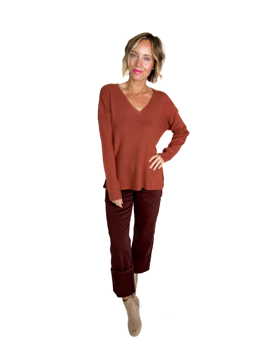 Jillian Knit V-Neck Drop Shoulder Sweater- BRICK