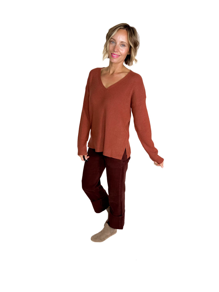 Jillian Knit V-Neck Drop Shoulder Sweater- BRICK