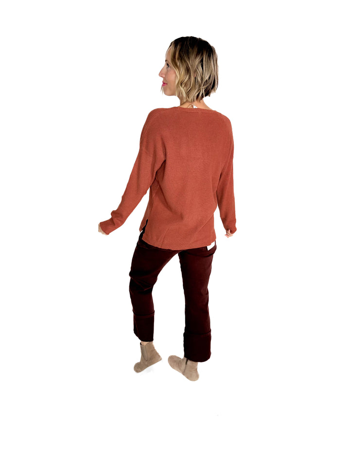 Jillian Knit V-Neck Drop Shoulder Sweater- BRICK