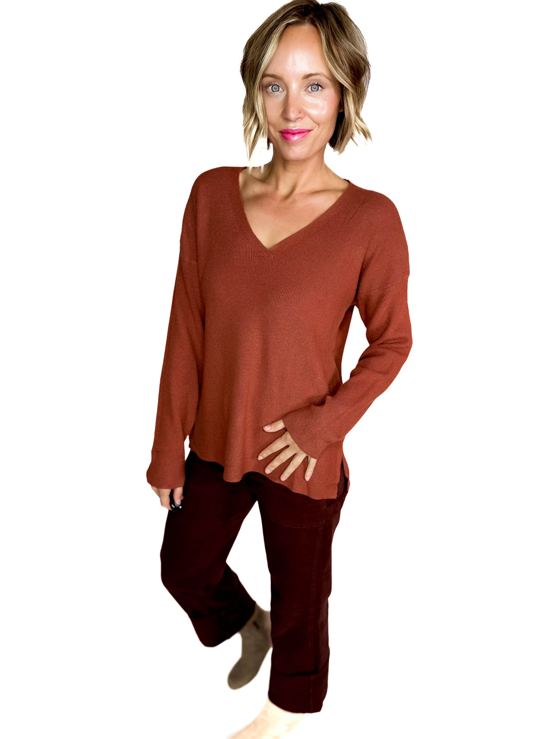 Jillian Knit V-Neck Drop Shoulder Sweater- BRICK