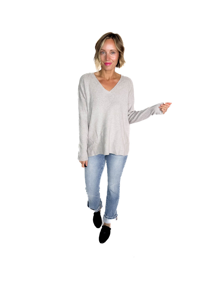 Jillian Knit V-Neck Drop Shoulder Sweater- HEATHER GREY