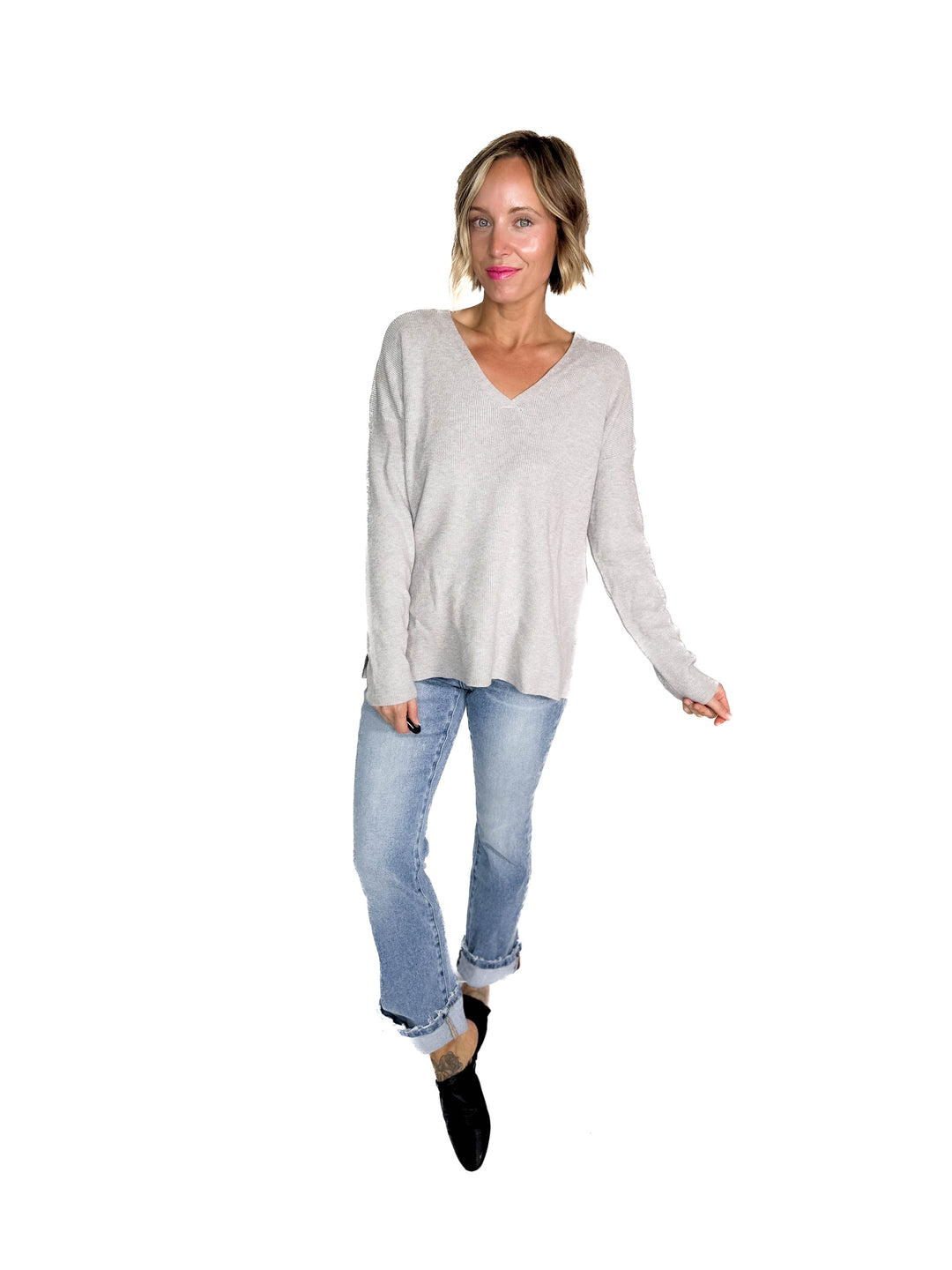 Jillian Knit V-Neck Drop Shoulder Sweater- HEATHER GREY
