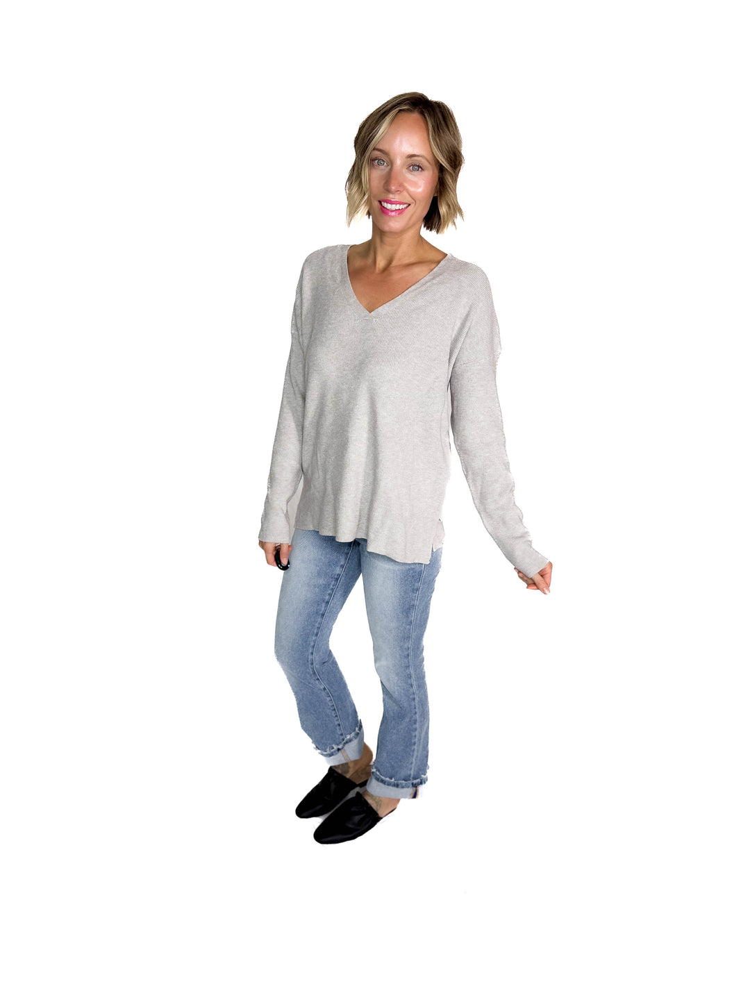 Jillian Knit V-Neck Drop Shoulder Sweater- HEATHER GREY