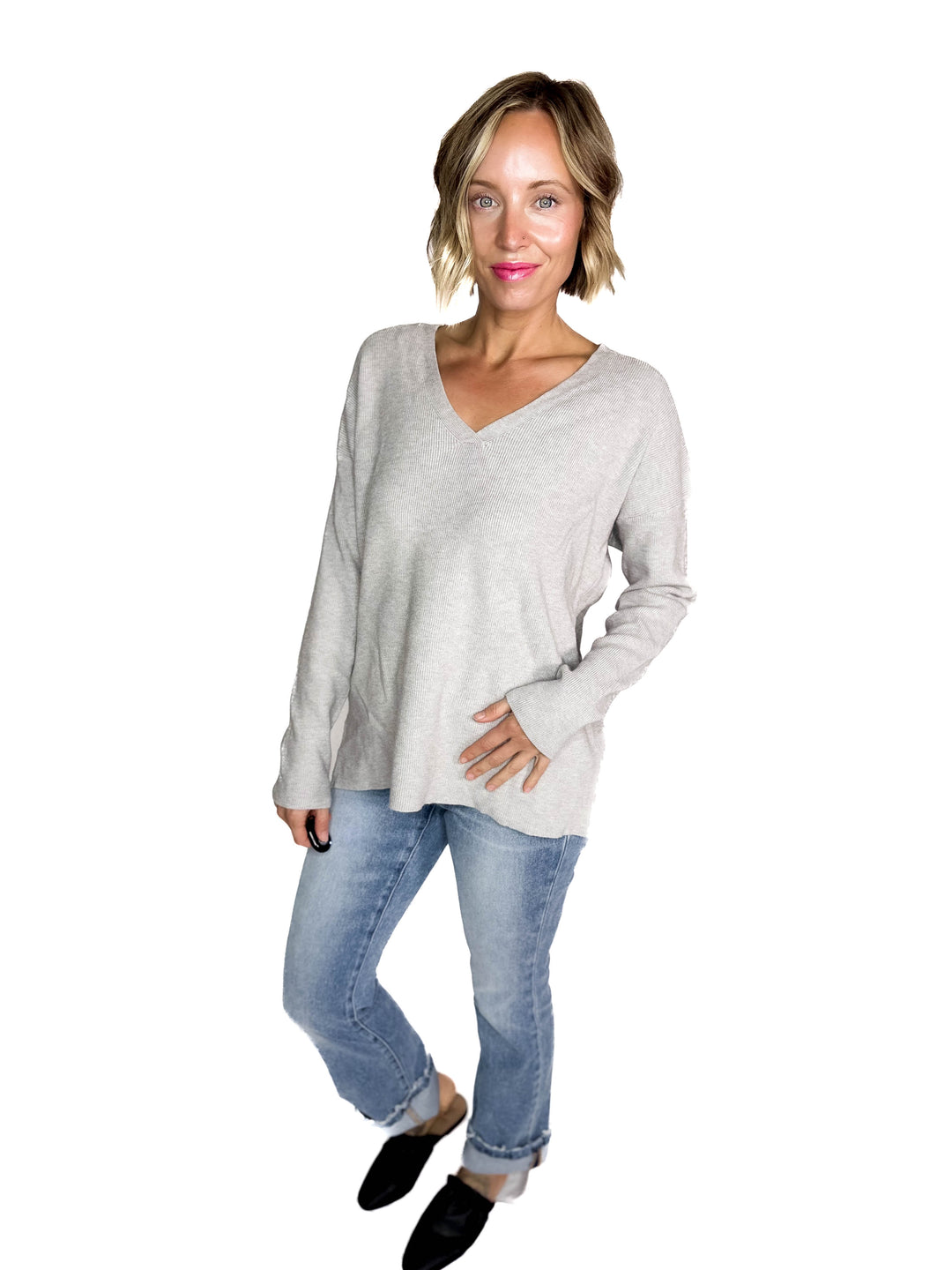 Jillian Knit V-Neck Drop Shoulder Sweater- HEATHER GREY