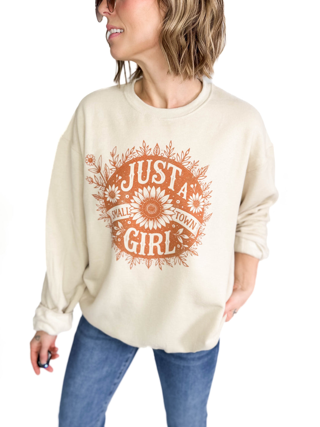 Small Town Girl Florals Crewneck- SAND