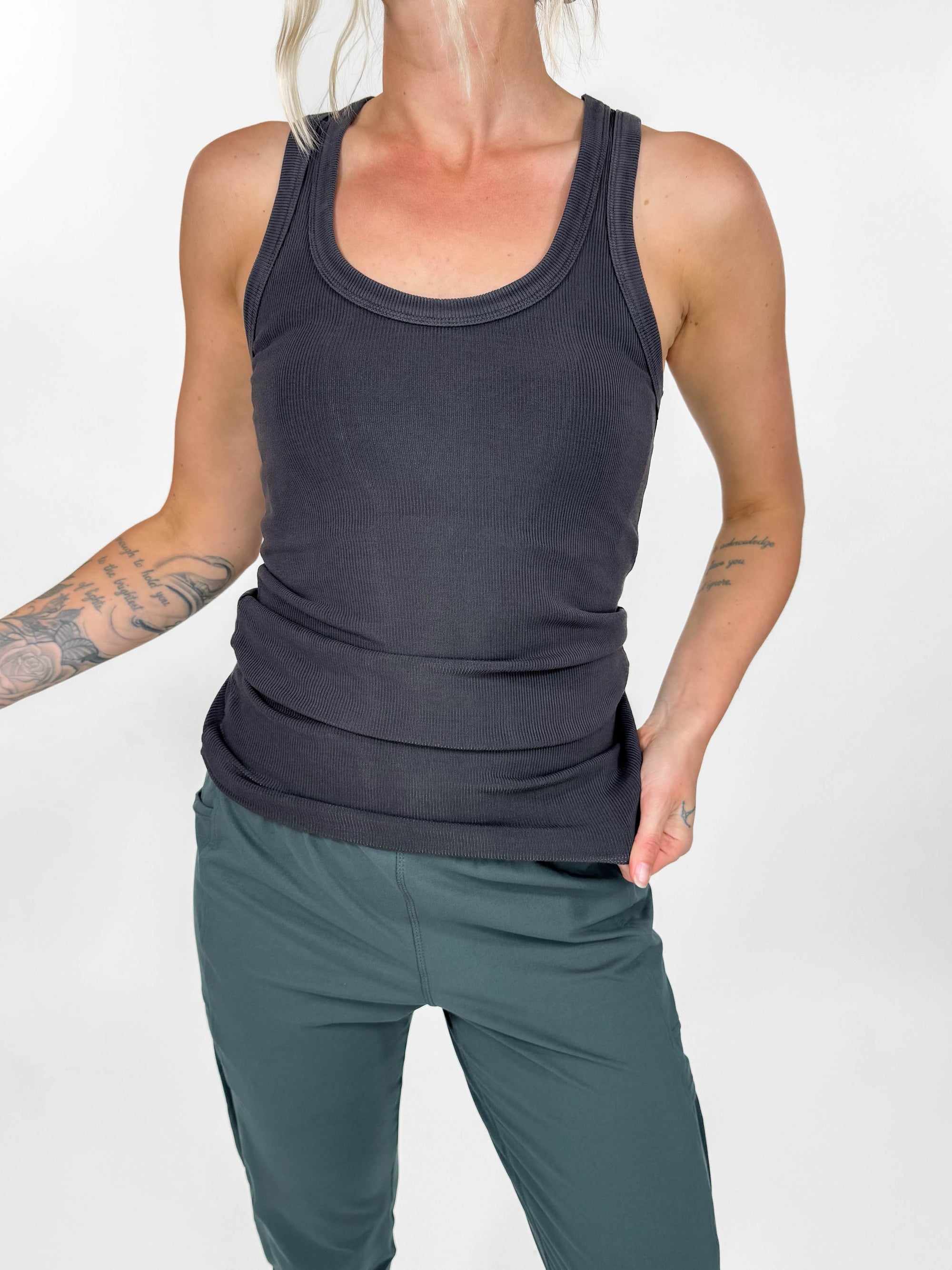 Stanford Ribbed Tank- DARK CHARCOAL