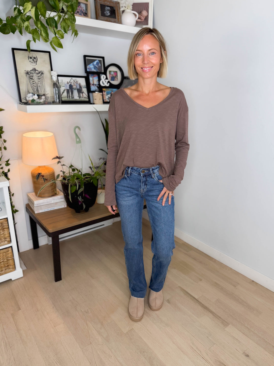Lumiere Modal Slub V-Neck Drop Shoulder Shirt- MOCHA