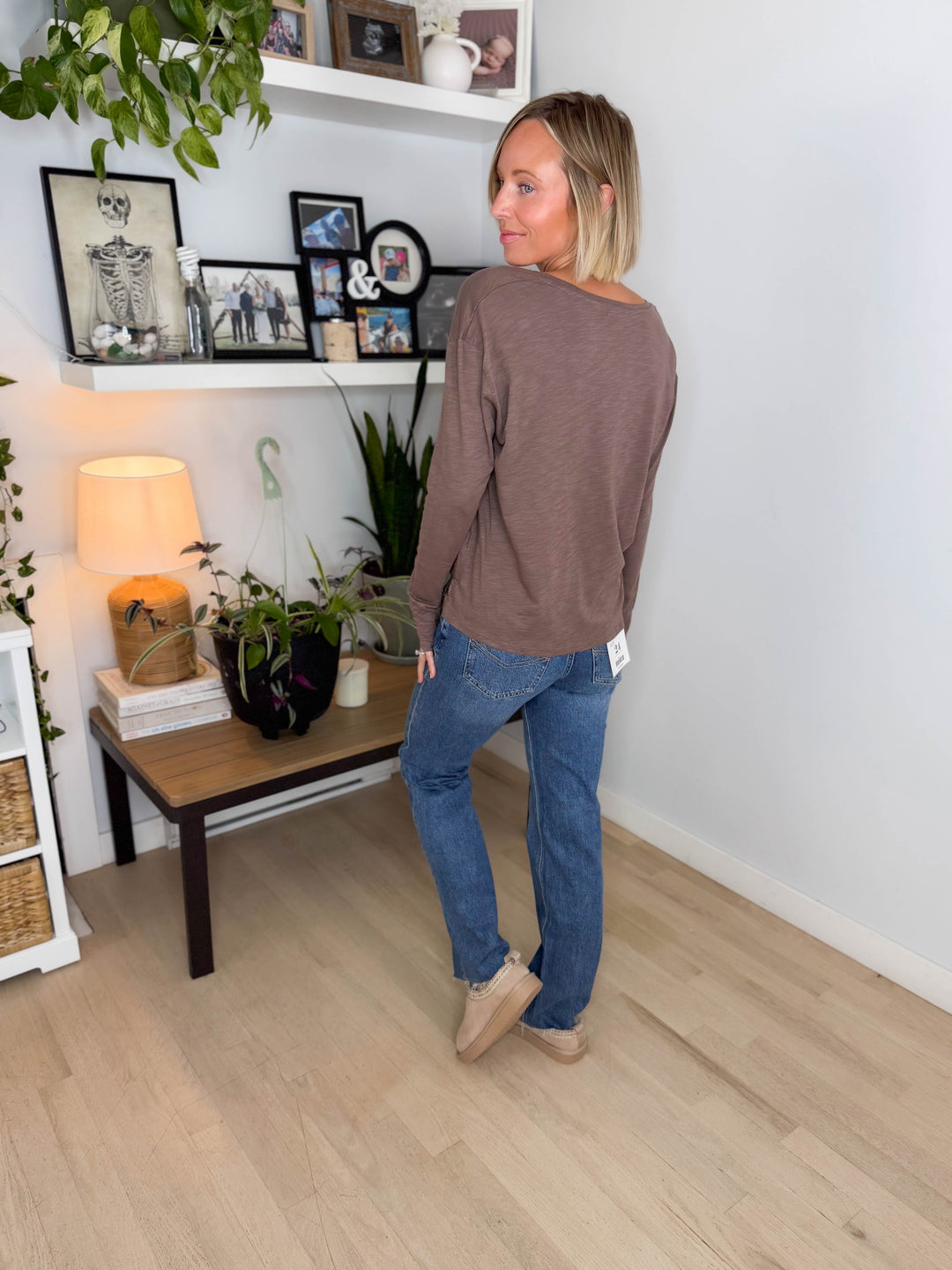 Lumiere Modal Slub V-Neck Drop Shoulder Shirt- MOCHA