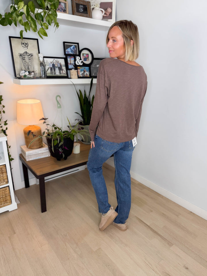 Lumiere Modal Slub V-Neck Drop Shoulder Shirt- MOCHA