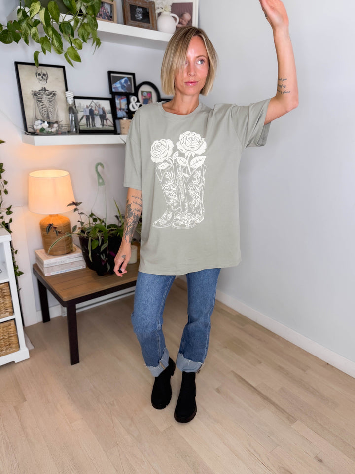 Darlina Rose And Cowboy Graphic Top- SAGE