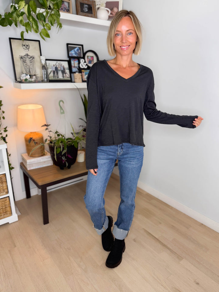 Lumiere Modal Slub V-Neck Drop Shoulder Shirt- BLACK