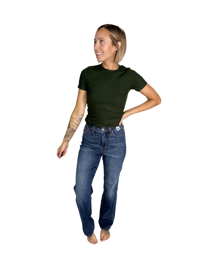 JUDY BLUE Annalise High Rise Tummy Control Straight Leg- MEDIUM WASH