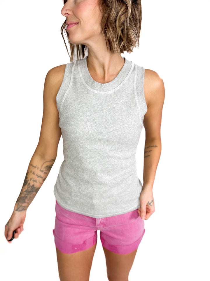 Janet Cotton Ribbed Scoop Neck- LIGHT HEATHER GREY-FINAL SALE