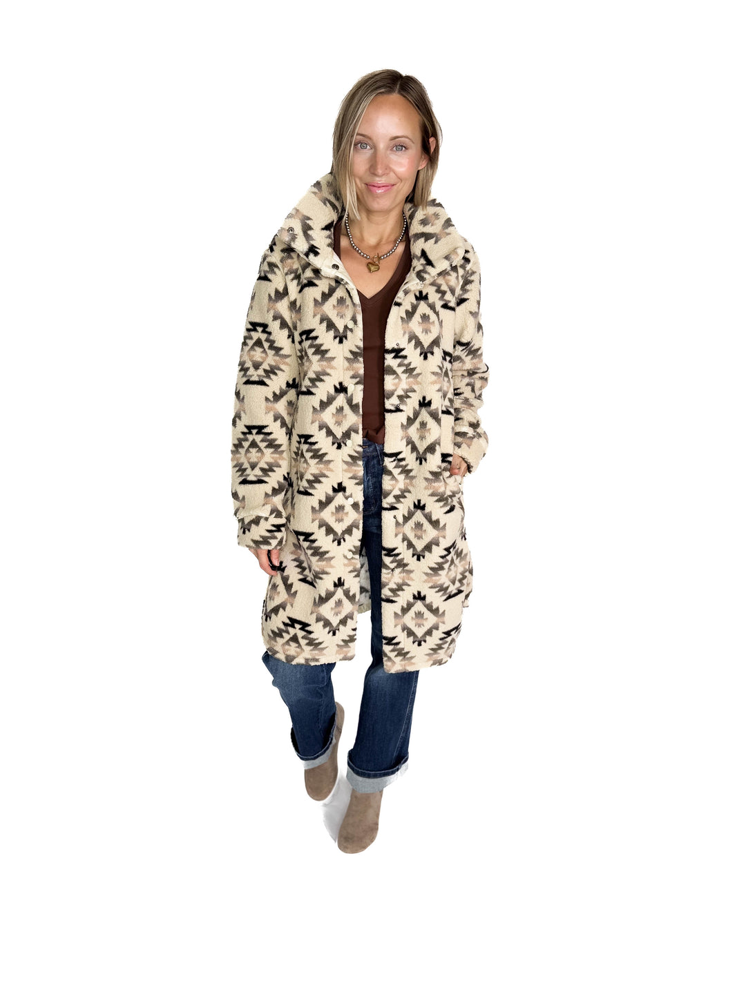 Ainsley Longline Sherpa Jacket- WOOD ASH DIAMOND-FINAL SALE