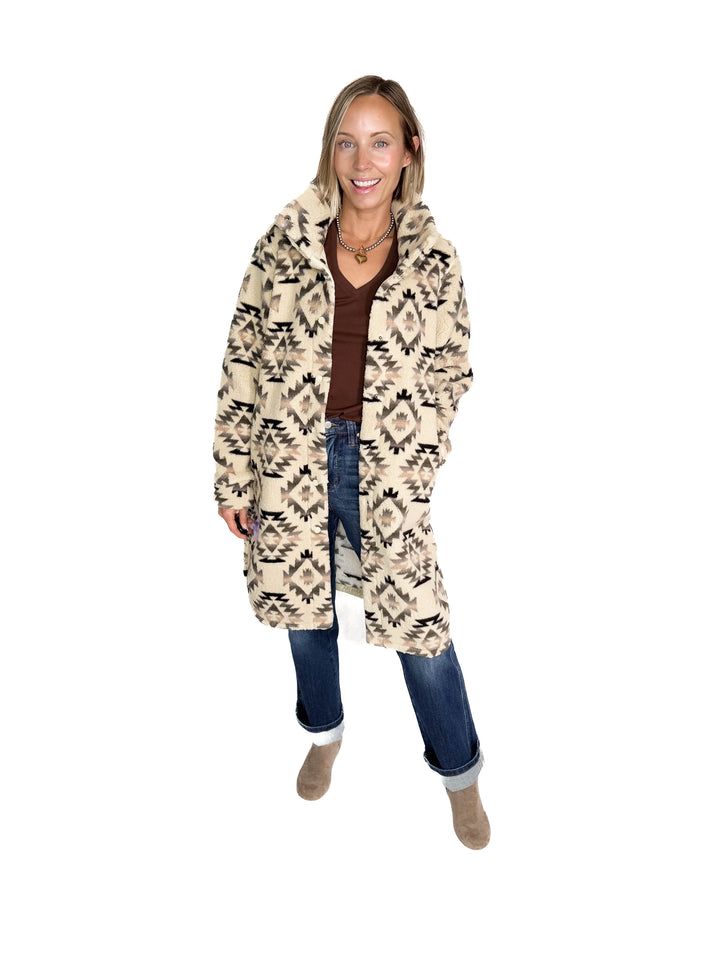 Ainsley Longline Sherpa Jacket- WOOD ASH DIAMOND-FINAL SALE