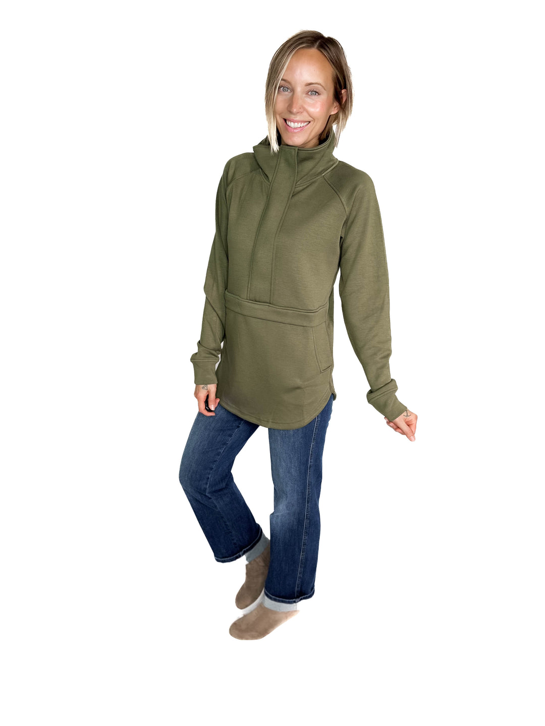 MICHELLE MAE Mia Scuba 1/2 Zip Pullover- OLIVE