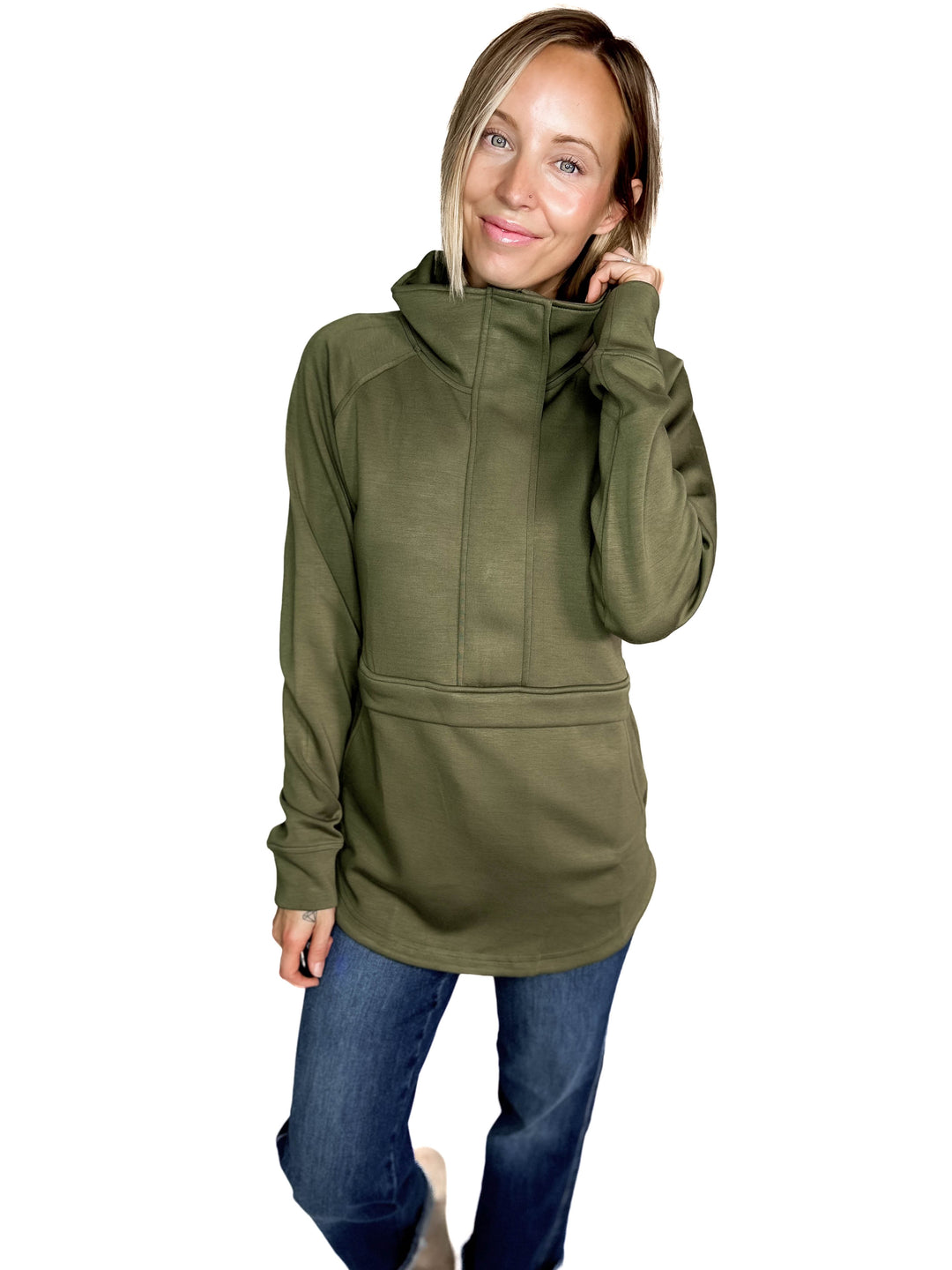 MICHELLE MAE Mia Scuba 1/2 Zip Pullover- OLIVE