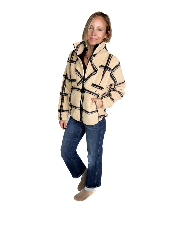 Ainsley Plush Sherpa Full Zip- WOOD ASH PLAID
