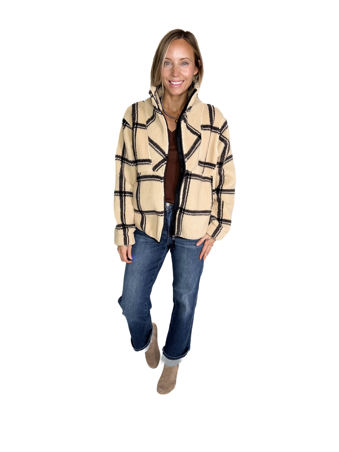 Ainsley Plush Sherpa Full Zip- WOOD ASH PLAID
