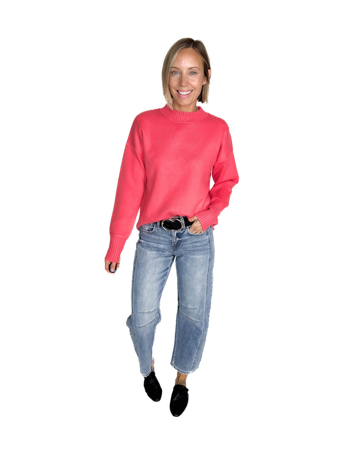 Kyra Mock Neck Long Sleeve Pullover With Side Slits- CORAL