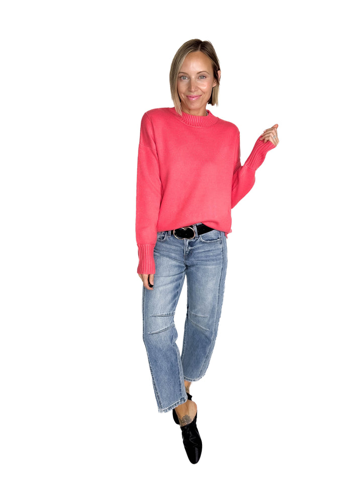 Kyra Mock Neck Long Sleeve Pullover With Side Slits- CORAL