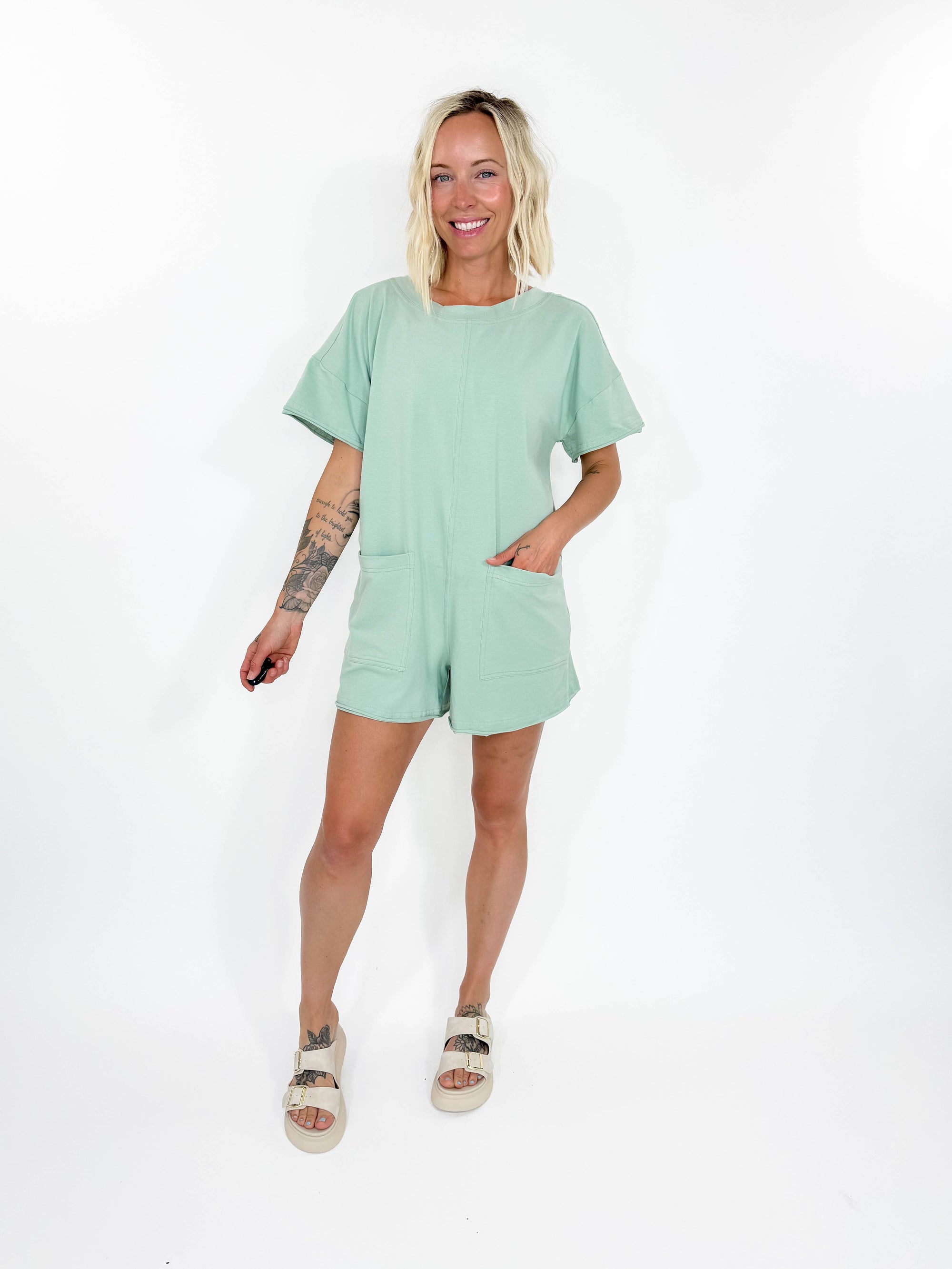 Make Waves Reversible Romper- PALE SAGE-FINAL SALE