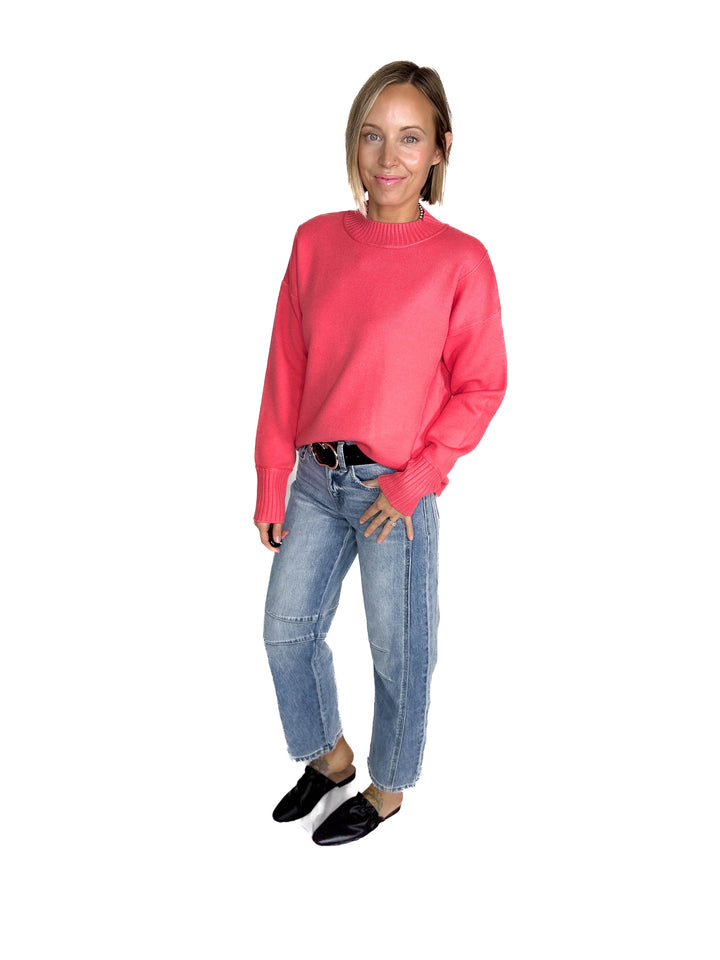 Kyra Mock Neck Long Sleeve Pullover With Side Slits- CORAL