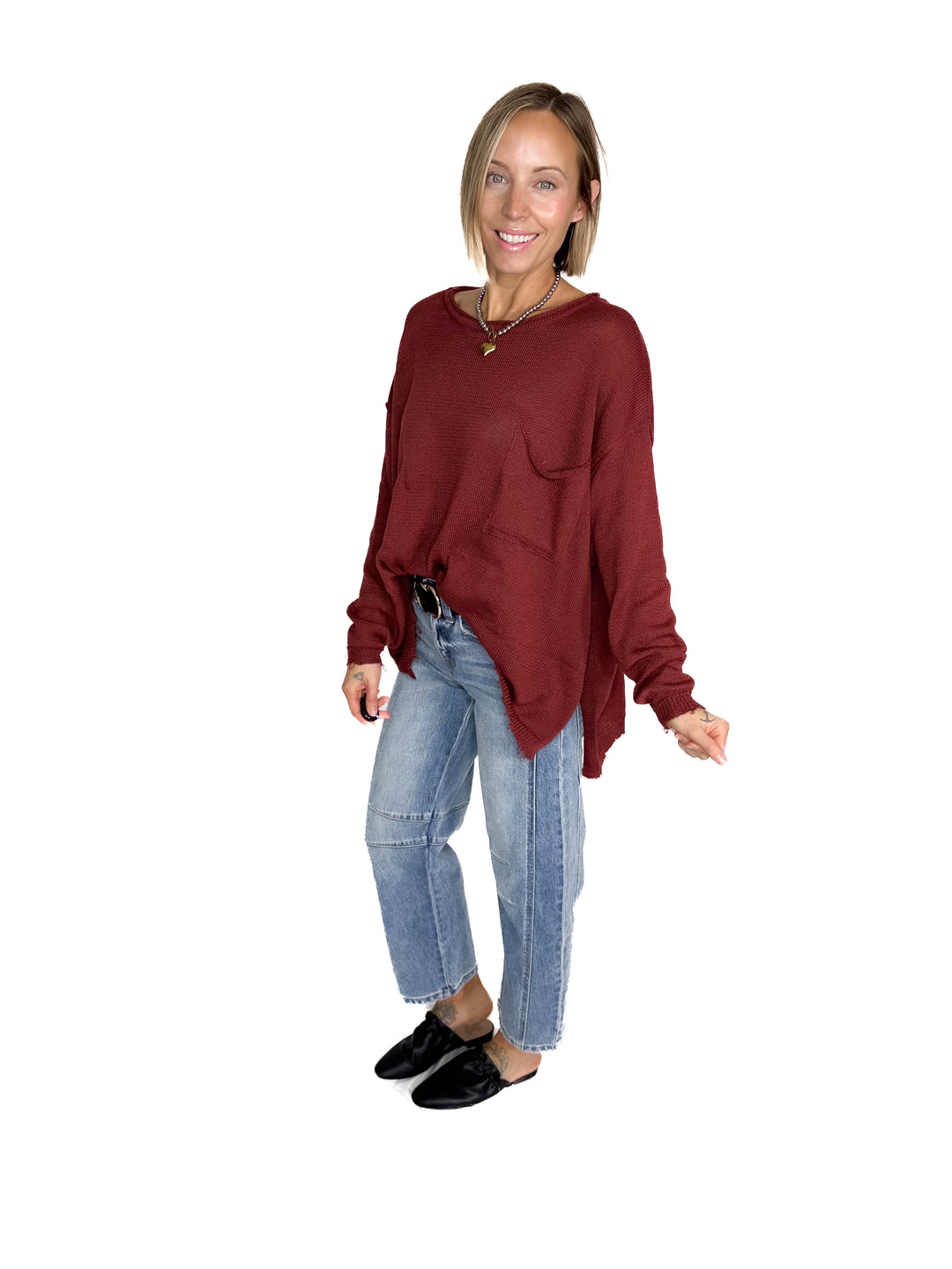 Sona Distressed Tunic SweaterSweater- MAHOGANY