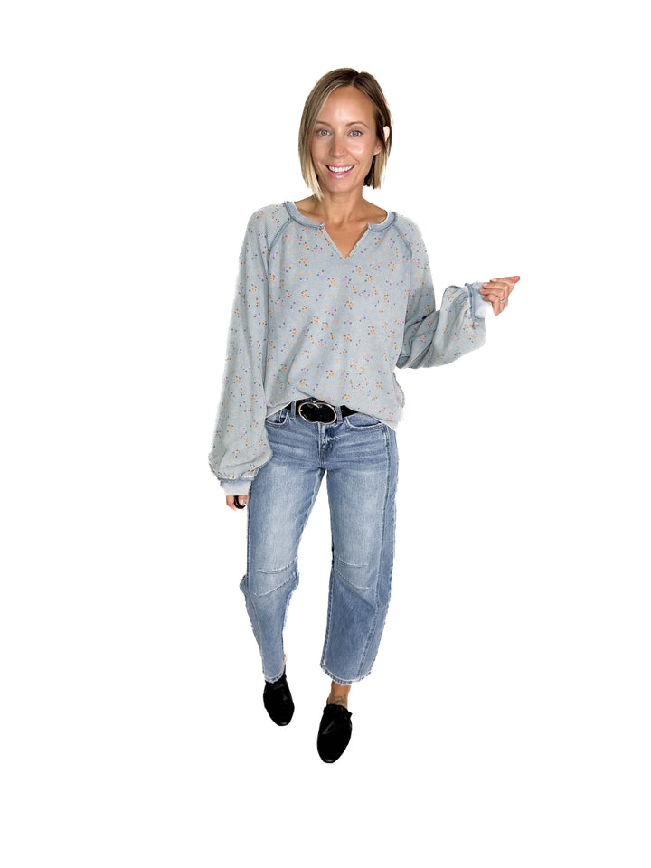 Tess Thermal Knit Long Sleeve- WASHED DENIM