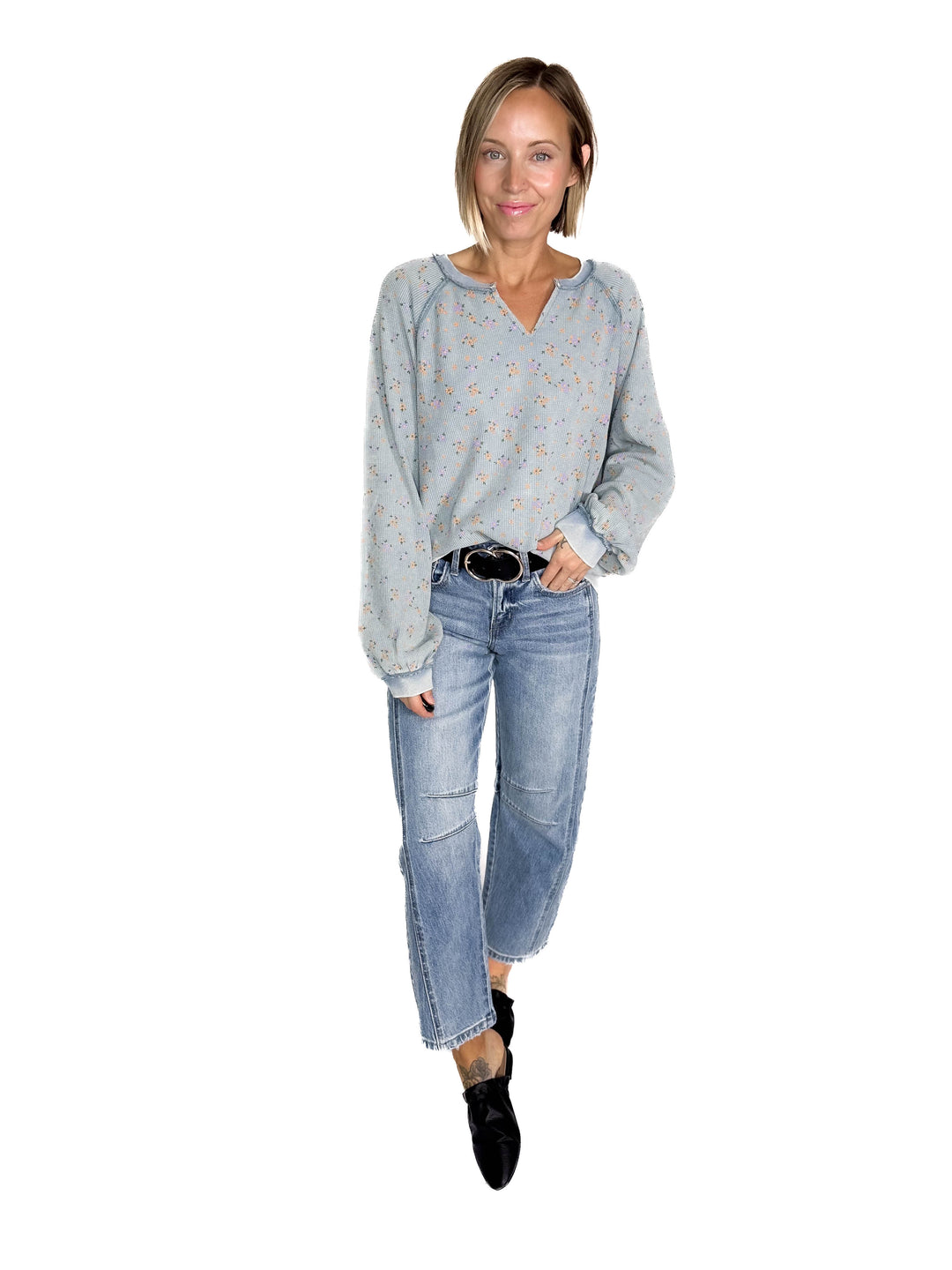 Tess Thermal Knit Long Sleeve- WASHED DENIM