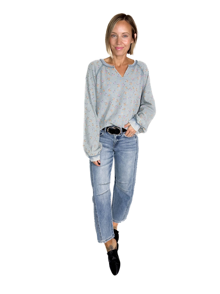 Tess Thermal Knit Long Sleeve- WASHED DENIM