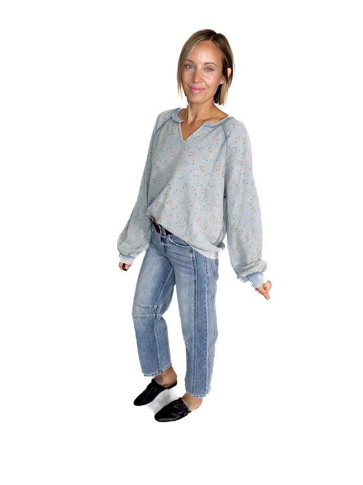 Tess Thermal Knit Long Sleeve- WASHED DENIM